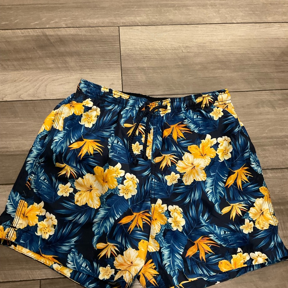 H&M Blue and Yellow Swim Trunks Vibrant Tropical Design